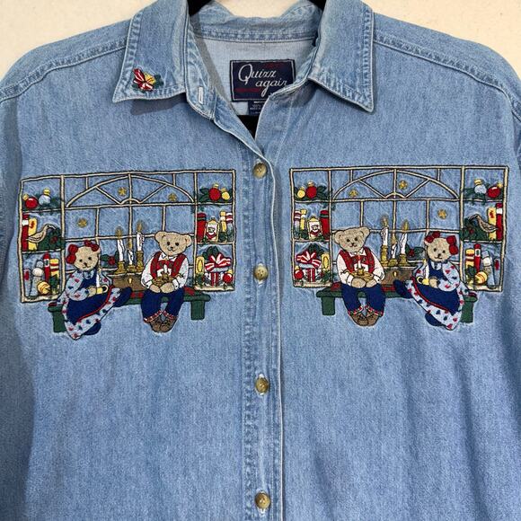 Quizz Again Embroidered Christmas Teddy Bears Long Sleeve Denim VTG Shirt Medium - Picture 5 of 7